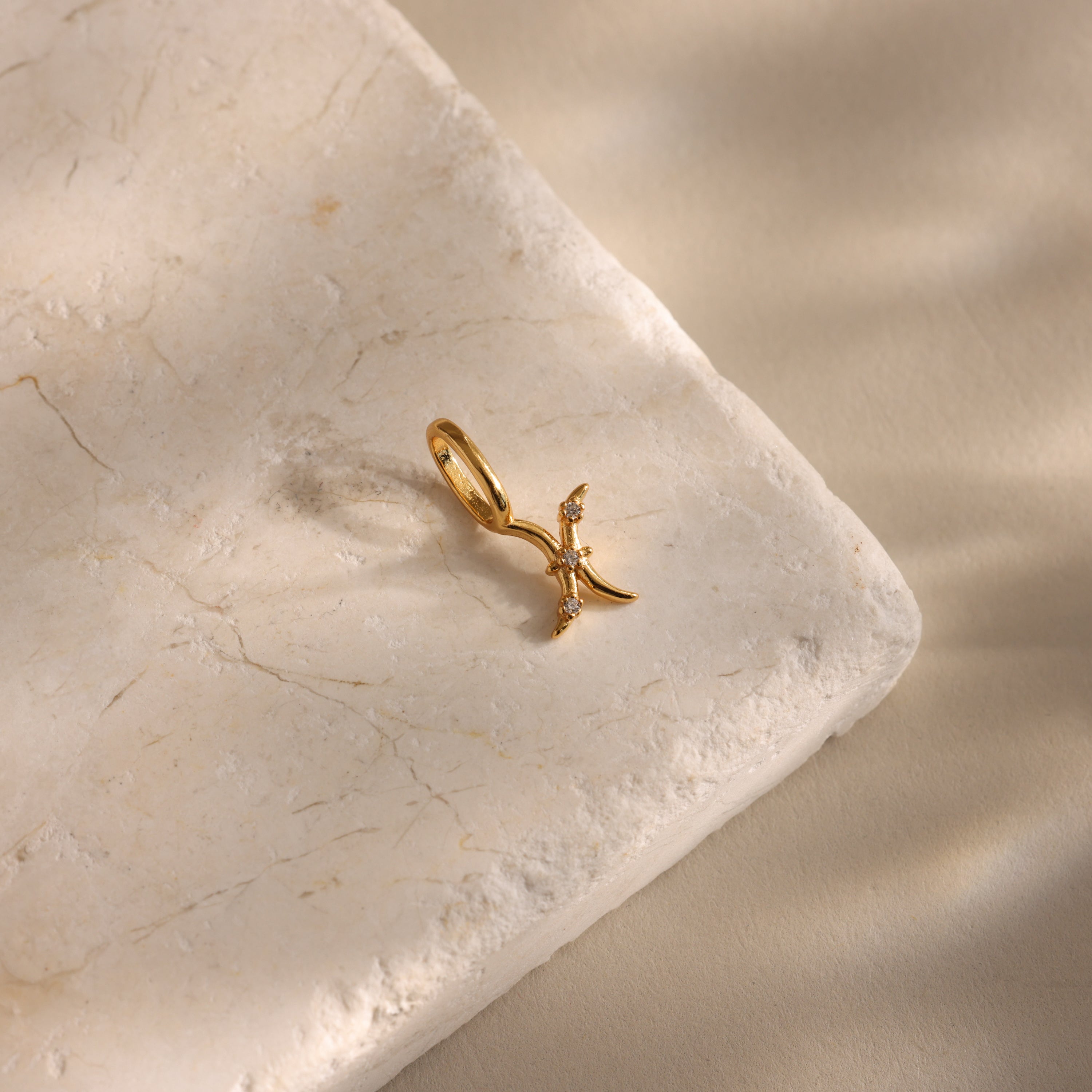 The Zodiac Charm is a gold celestial jewelry pendant shaped like a crescent moon with a small star, displayed on a textured stone surface.