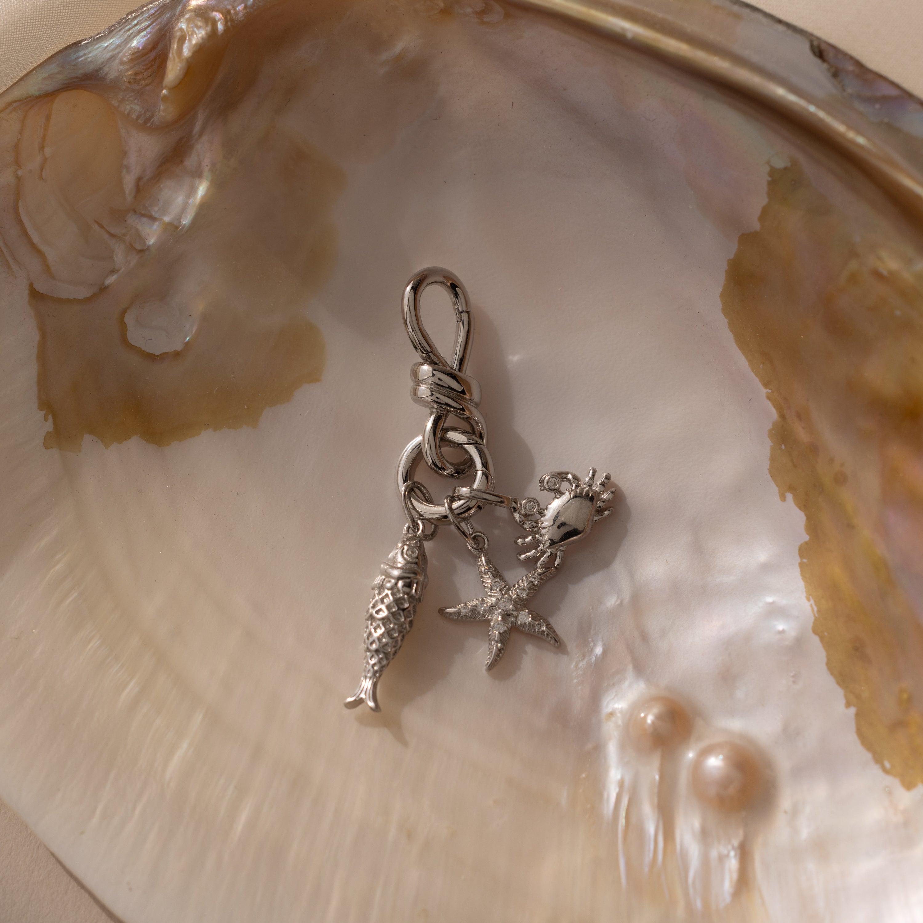 The Knot Charm Clasp is a silver keychain featuring fish, starfish, and shell charms nestled in an iridescent seashell with pearls—an ideal accessory for ocean lovers.