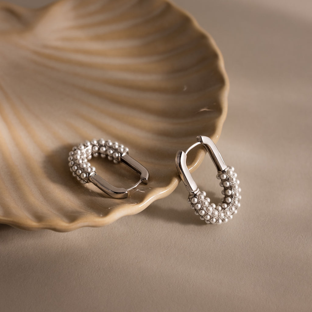Pearl Cluster Link Hoops in Silver