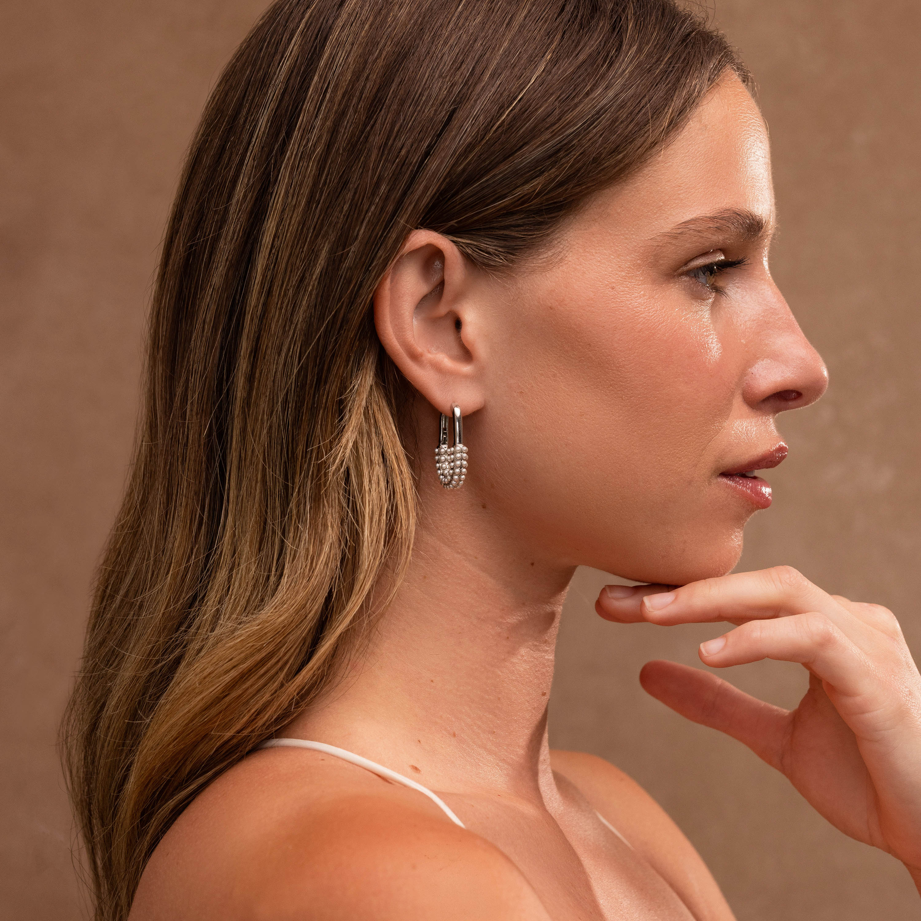 Pearl Cluster Link Hoops in Silver