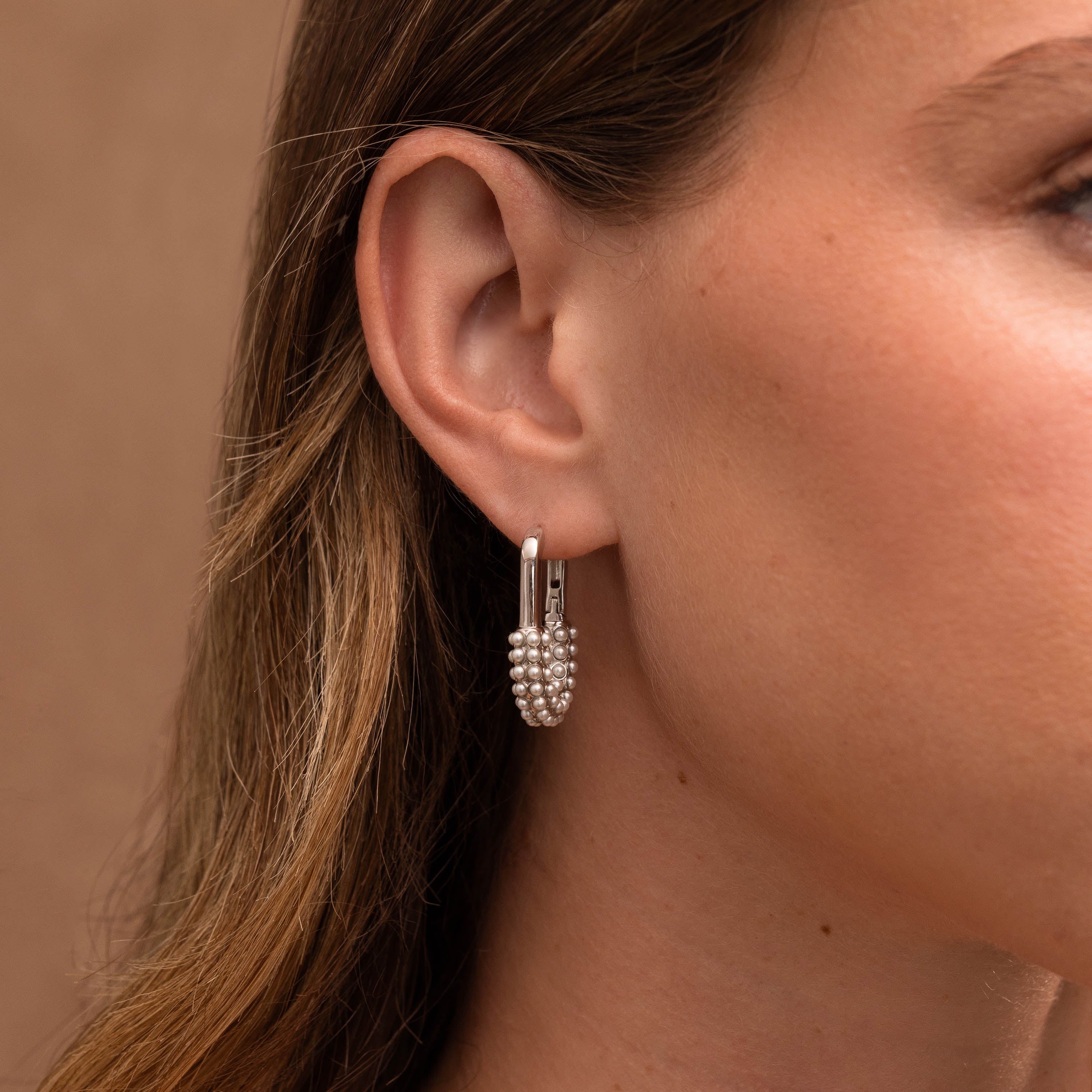 Pearl Cluster Link Hoops in Silver