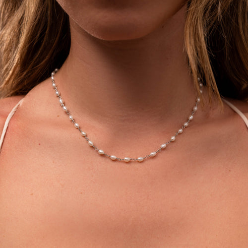 Aurora Pearl Station Necklace in Silver
