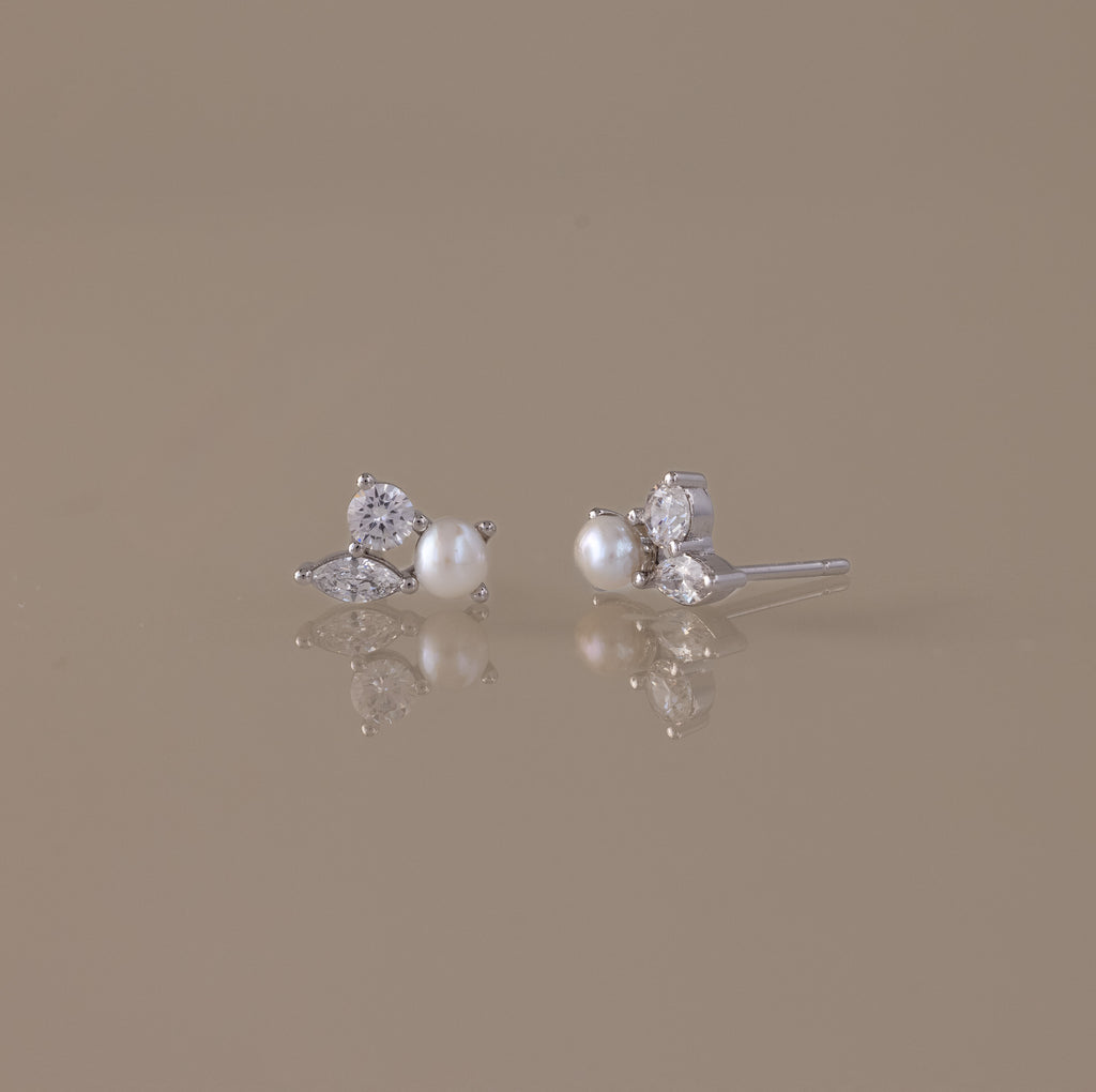 Pearl Diamond Bloom Studs in Silver