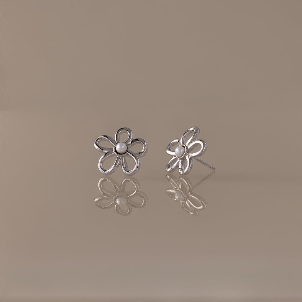 Lila Flower Pearl Studs in Silver