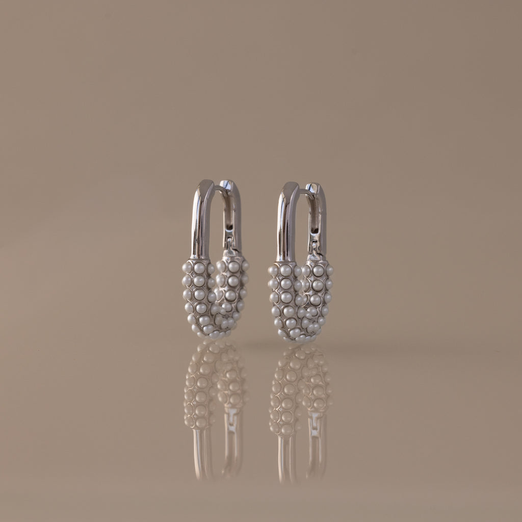 Pearl Cluster Link Hoops in Silver
