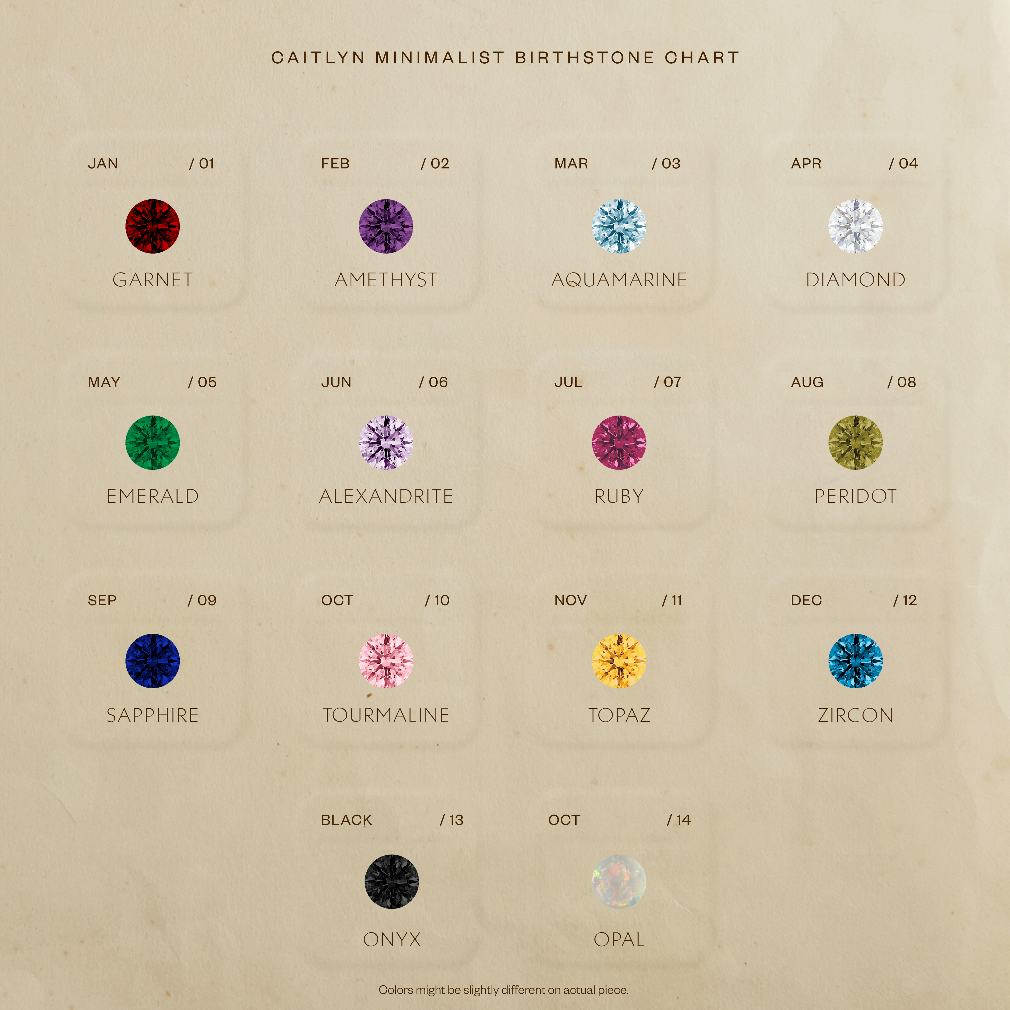 The Cluster Birthstone Bracelet features colored gemstones for each month with names beneath each stone, making it perfect for designing a personalized or unique birthstone bracelet.
