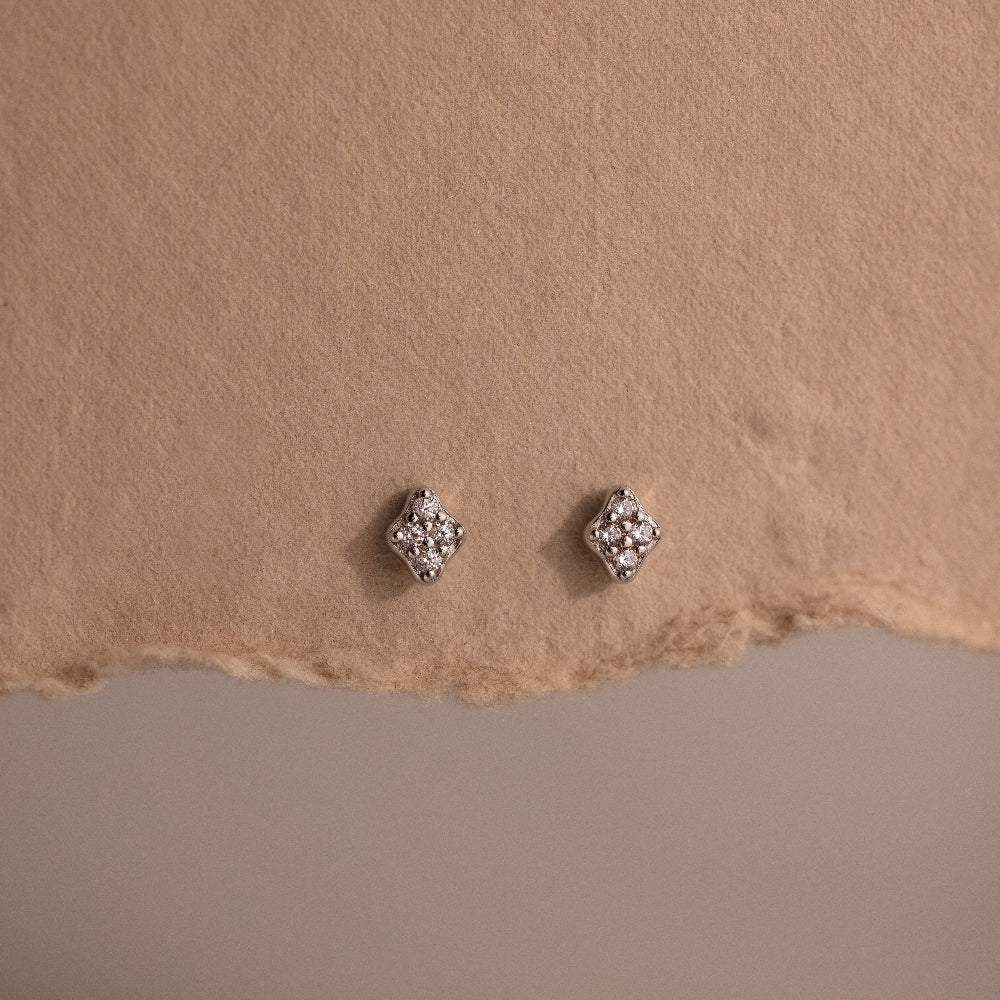 Pair of silver diamond stud earrings on a textured brown surface