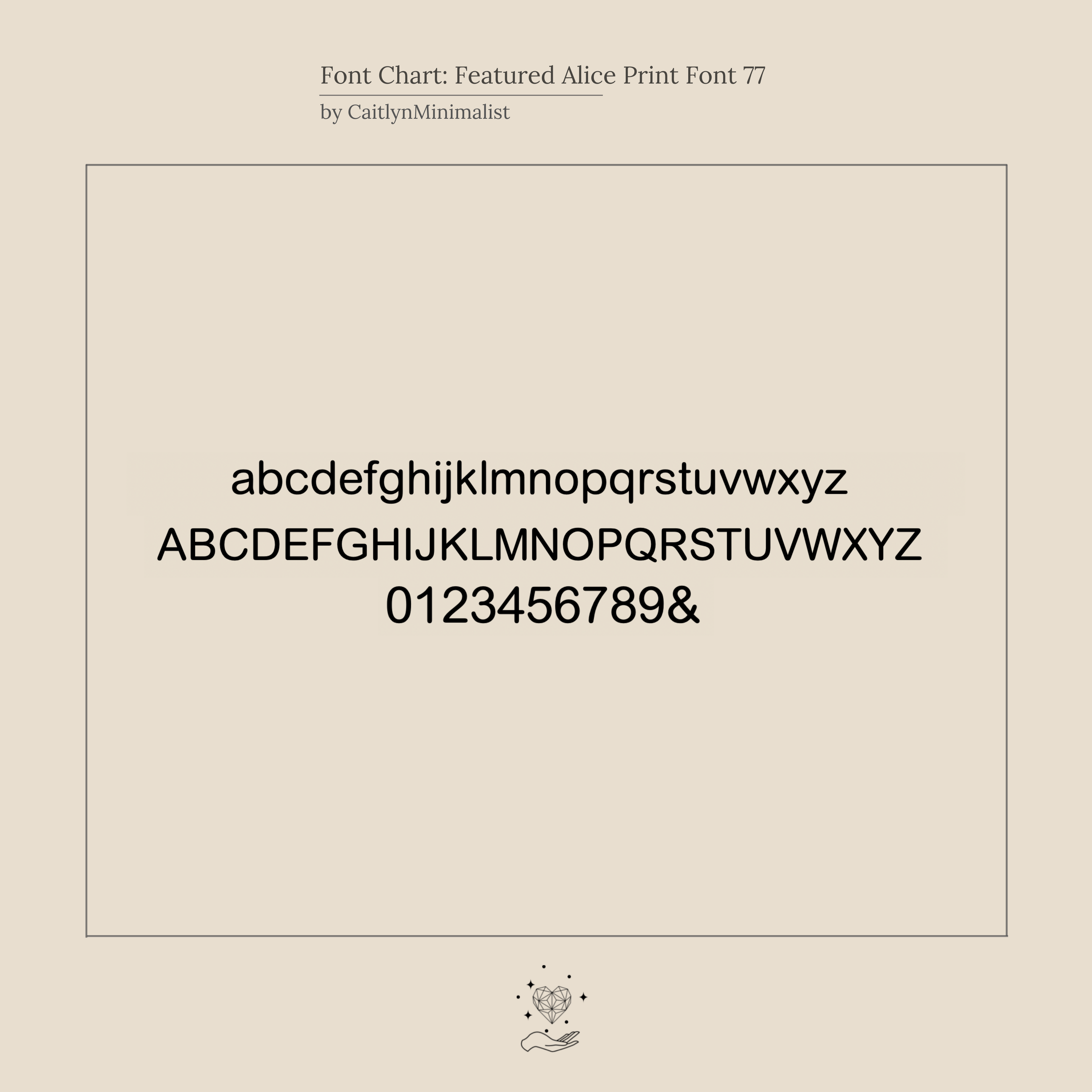 Sample chart of Alice Print Font 77 displays letters, numbers, and an ampersand—ideal for customizing the Alice Spaced Number Necklace or creating a modern birth year necklace.