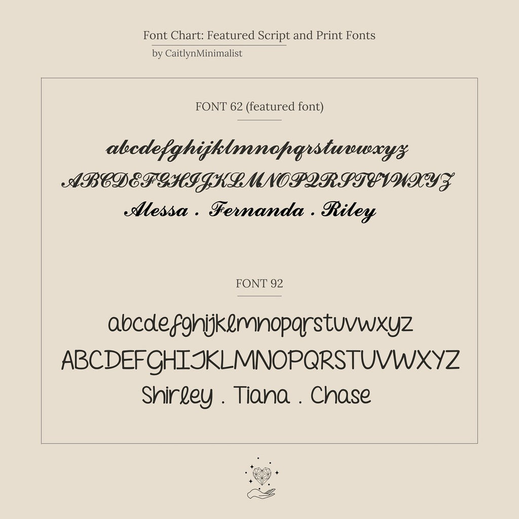 Font chart featuring a script and a print font on a beige background.