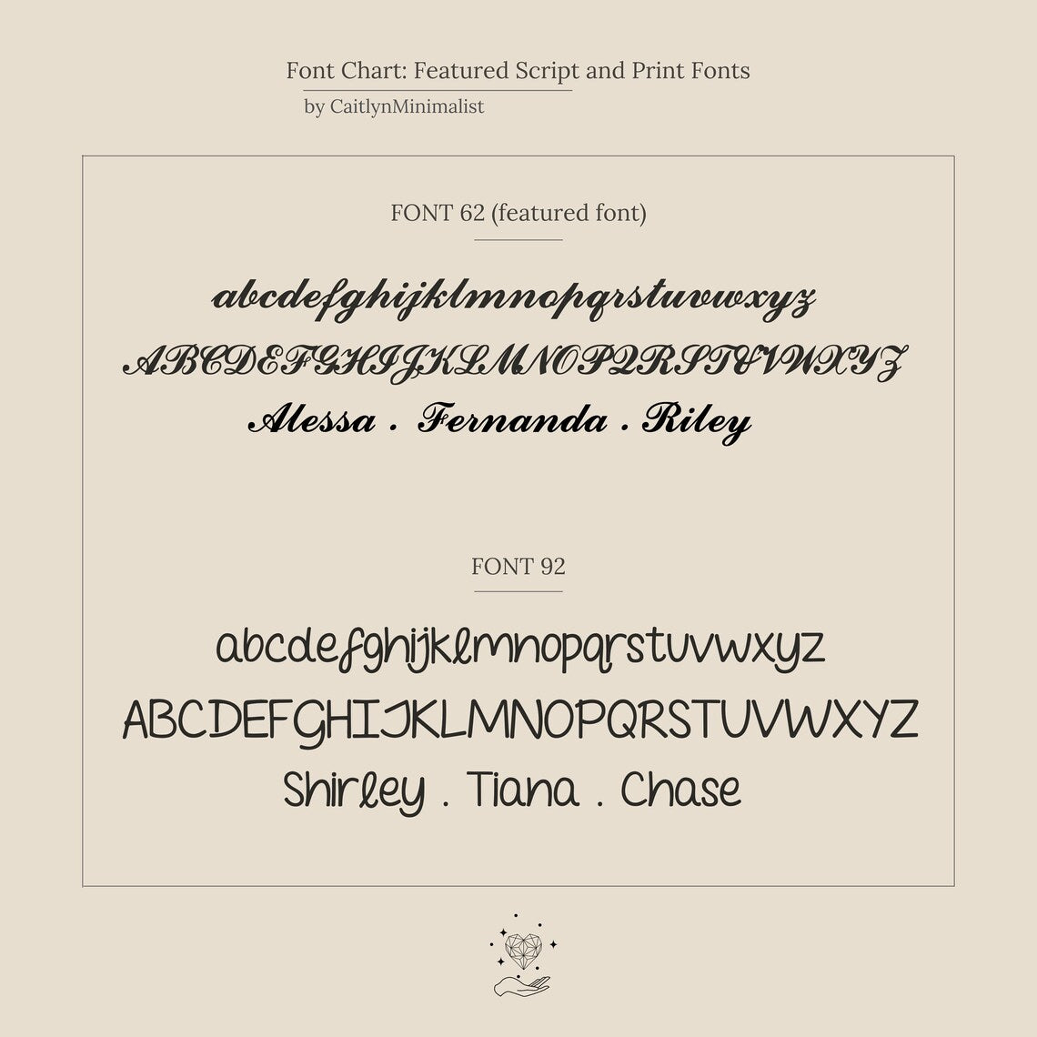 Font chart featuring a script and a print font on a beige background.