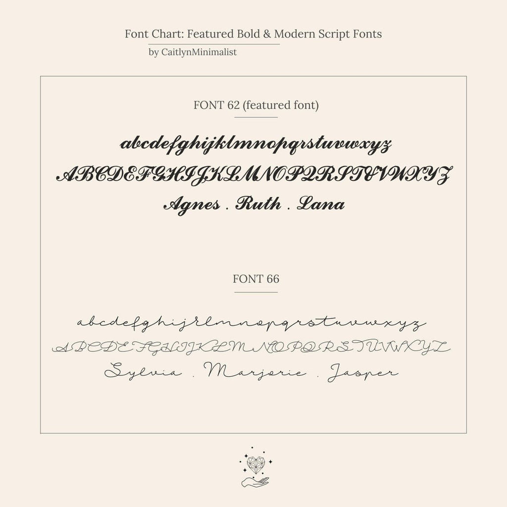 Font chart comparing two script fonts on a beige background