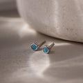 Pair of silver earrings with turquoise stones on a neutral background