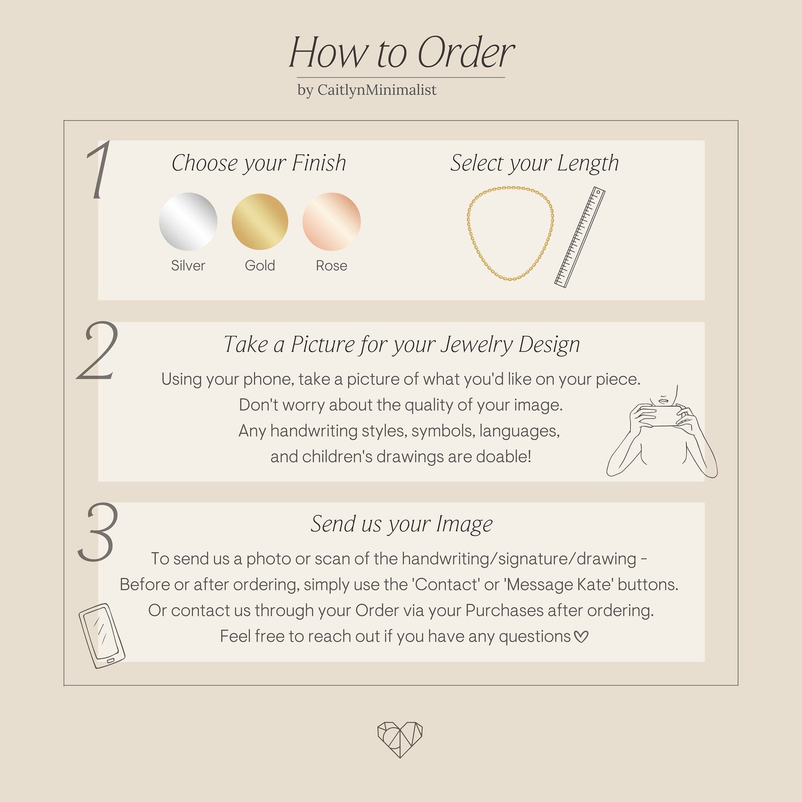 Instructional graphic shows a 3-step process to order a personalized Fingerprint Heart Necklace—a perfect Mother’s Day or memorial gift.