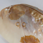 The Pearl Earrings Set features gold hoop earrings with delicate pearl charms, beautifully displayed on an iridescent seashell background.