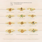 Twelve Flower Birthstone Rings, each showcasing a unique birth flower and stone for every month, are arranged in three rows on a cream background.