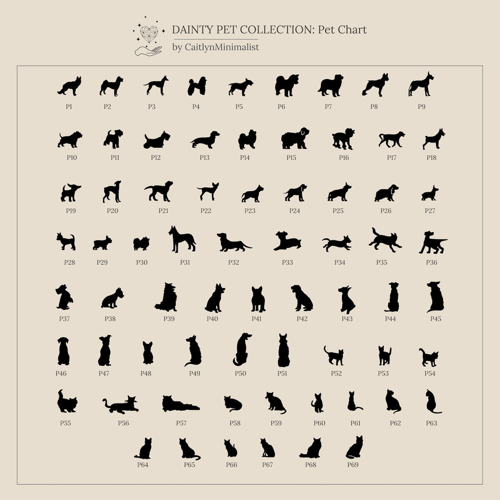Chart of 64 pet silhouettes—mostly dogs and cats in various poses—on a beige background, perfect for designing a Skinny Pet Ring or other delicate pet-themed jewelry.