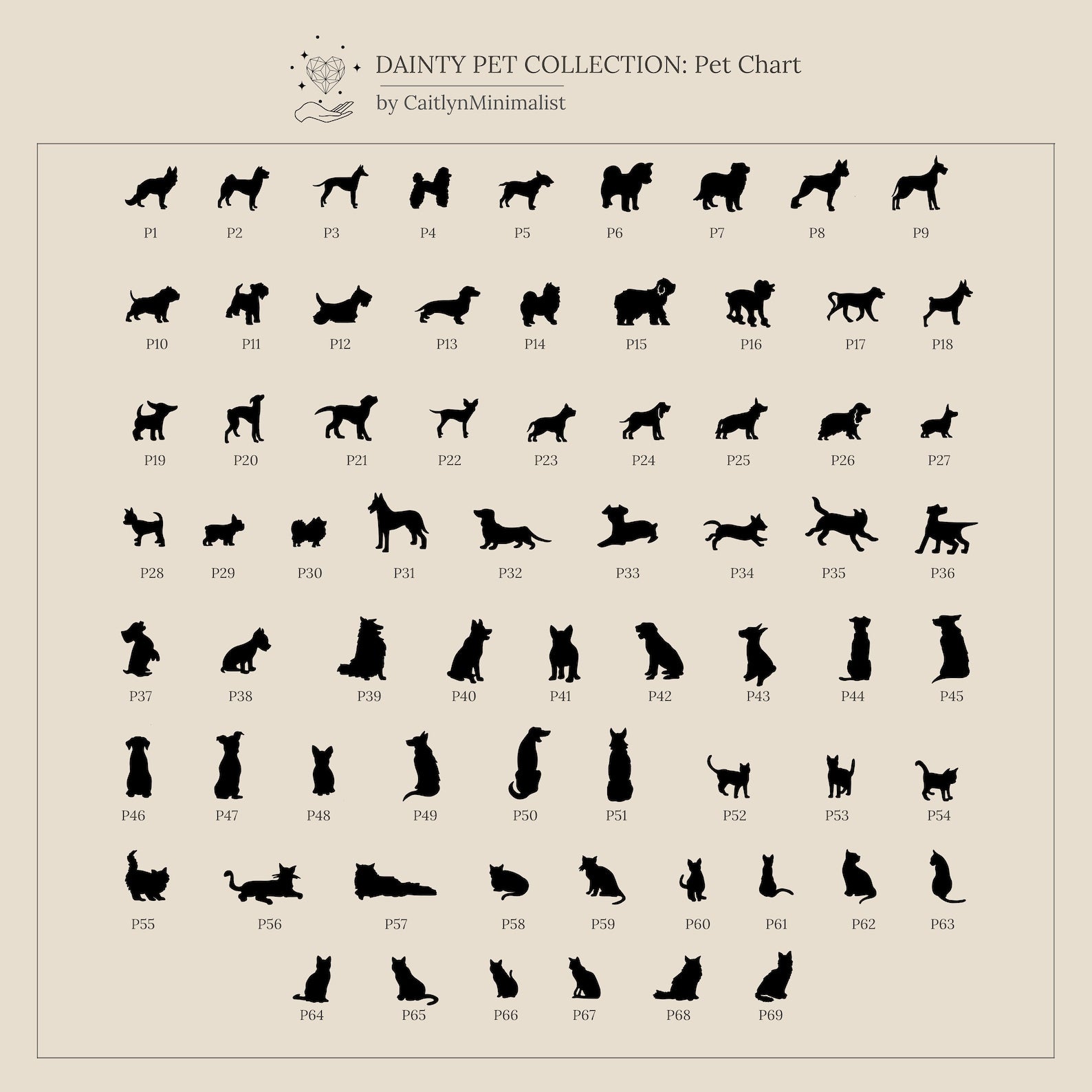 Chart of 64 pet silhouettes—mostly dogs and cats in various poses—on a beige background, perfect for designing a Skinny Pet Ring or other delicate pet-themed jewelry.