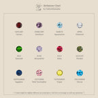 A minimalist birthstone chart displays twelve colorful gemstones by month, perfect for inspiring designs like Vera Pave Emerald Huggies or other vibrant gemstone earrings.