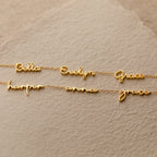 Three gold Dainty Tiny Multiple Name Necklaces display the names Bella, Evelyn, Grace, Harper, Anna, and Grace on beige paper—a perfect personalized accessory for lovers of dainty necklace styles.