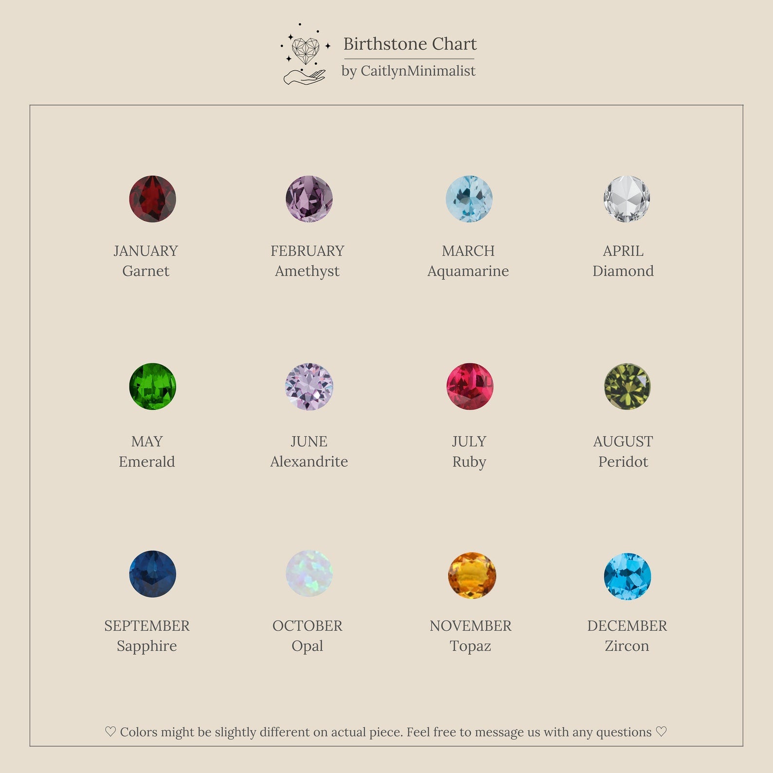 Discover each month's gemstone, including garnet, amethyst, emerald, and ruby. Perfect for a personalized surprise or pair with our Birthstone Mystery Box featuring a necklace and earrings.