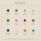 A 12-month birthstone chart displays each month's gemstone with its name and color on a minimalist beige background—ideal for selecting gemstone studs like the Emerald Drop Studs.