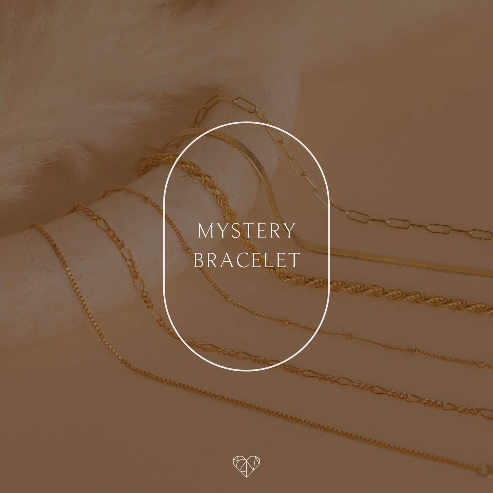 The Mystery Bracelet shimmers elegantly on a beige surface, capturing sophistication. Bold text at the center highlights the product, inviting curiosity and style.
