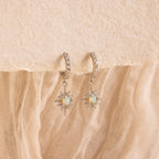 The Opal Star Necklace & Earrings Set in Silver, featuring sparkling accents, is displayed on textured cream fabric—an elegant pairing for your favorite looks.