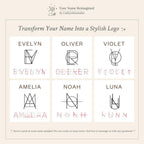 Six square boxes feature stylized logo designs of the names Evelyn, Oliver, Violet, Amelia, Noah, and Luna—ideal as inspirations for a Modern Name Monogram Necklace in personalized jewelry collections.