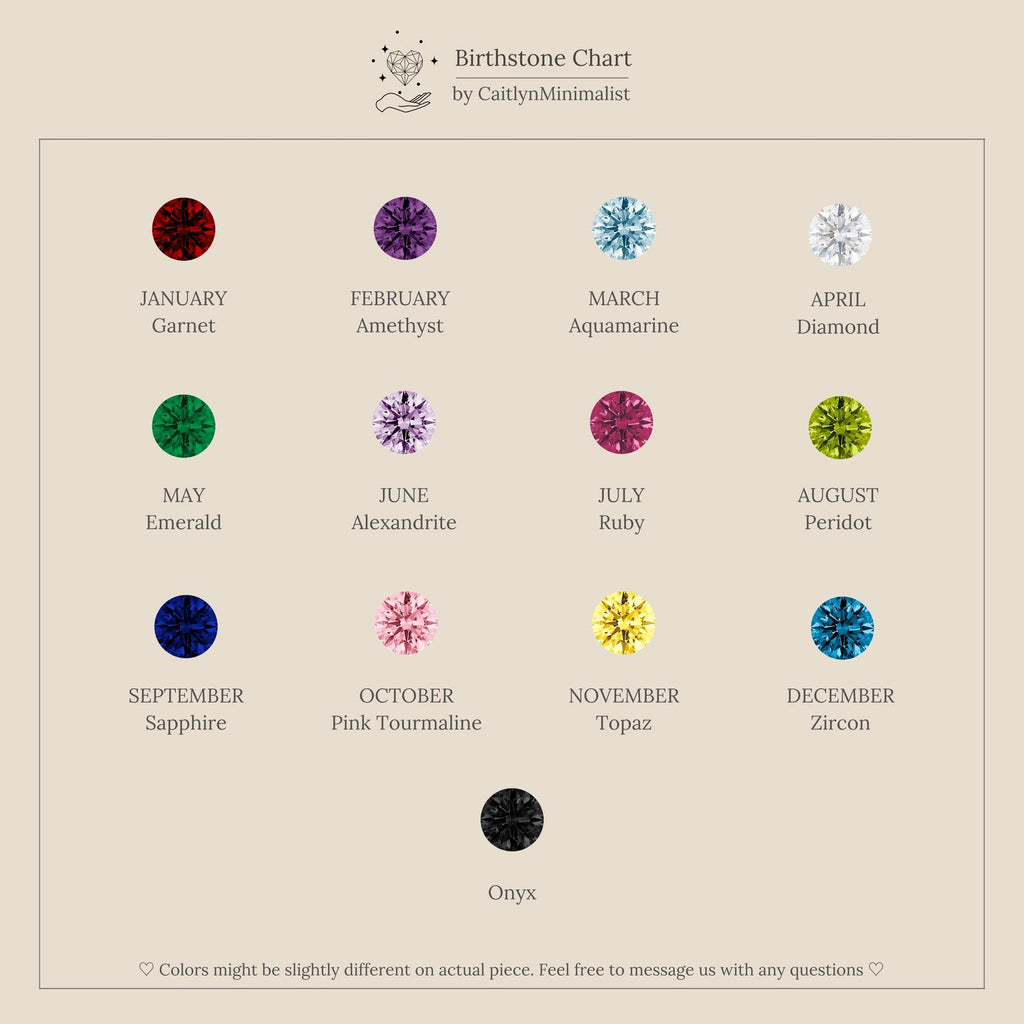 A chart shows birthstones for each month, labeled January to December, plus a black onyx gem—ideal for personalized jewelry like the Custom Cut Birthstone Necklace or other custom necklace designs.