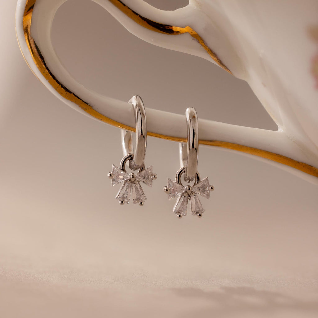 Diamond Bow Necklace & Earrings Set in Silver