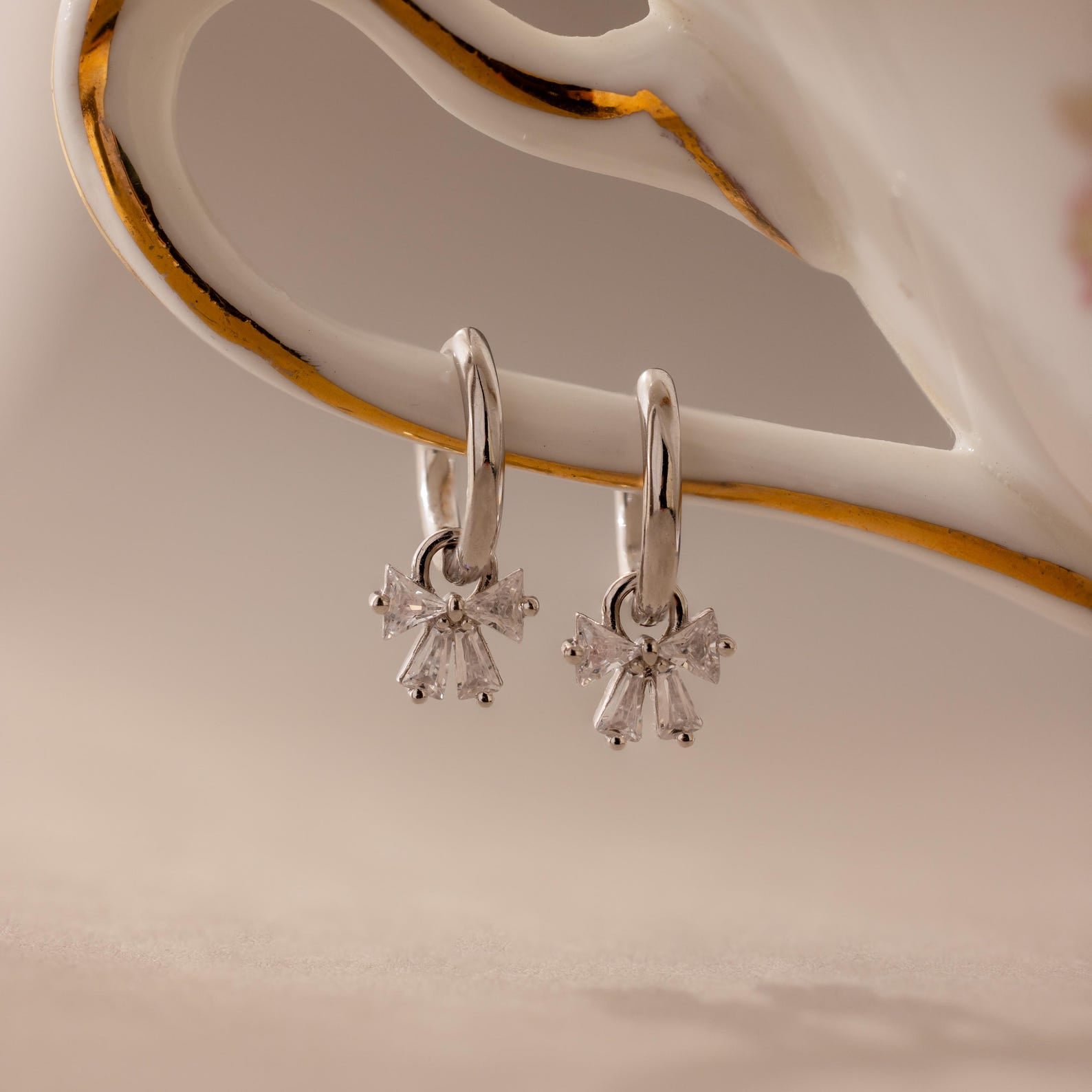 Diamond Bow Necklace & Earrings Set in Silver