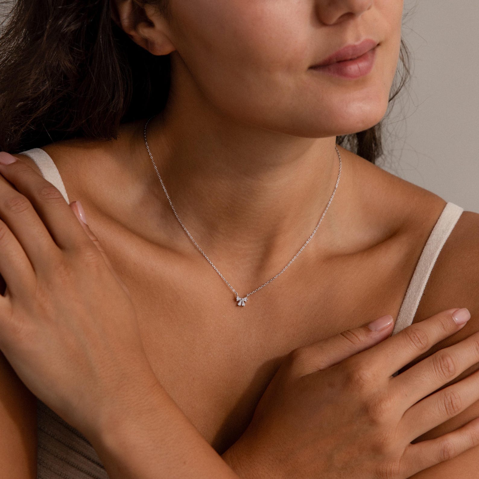 Diamond Bow Necklace & Earrings Set in Silver