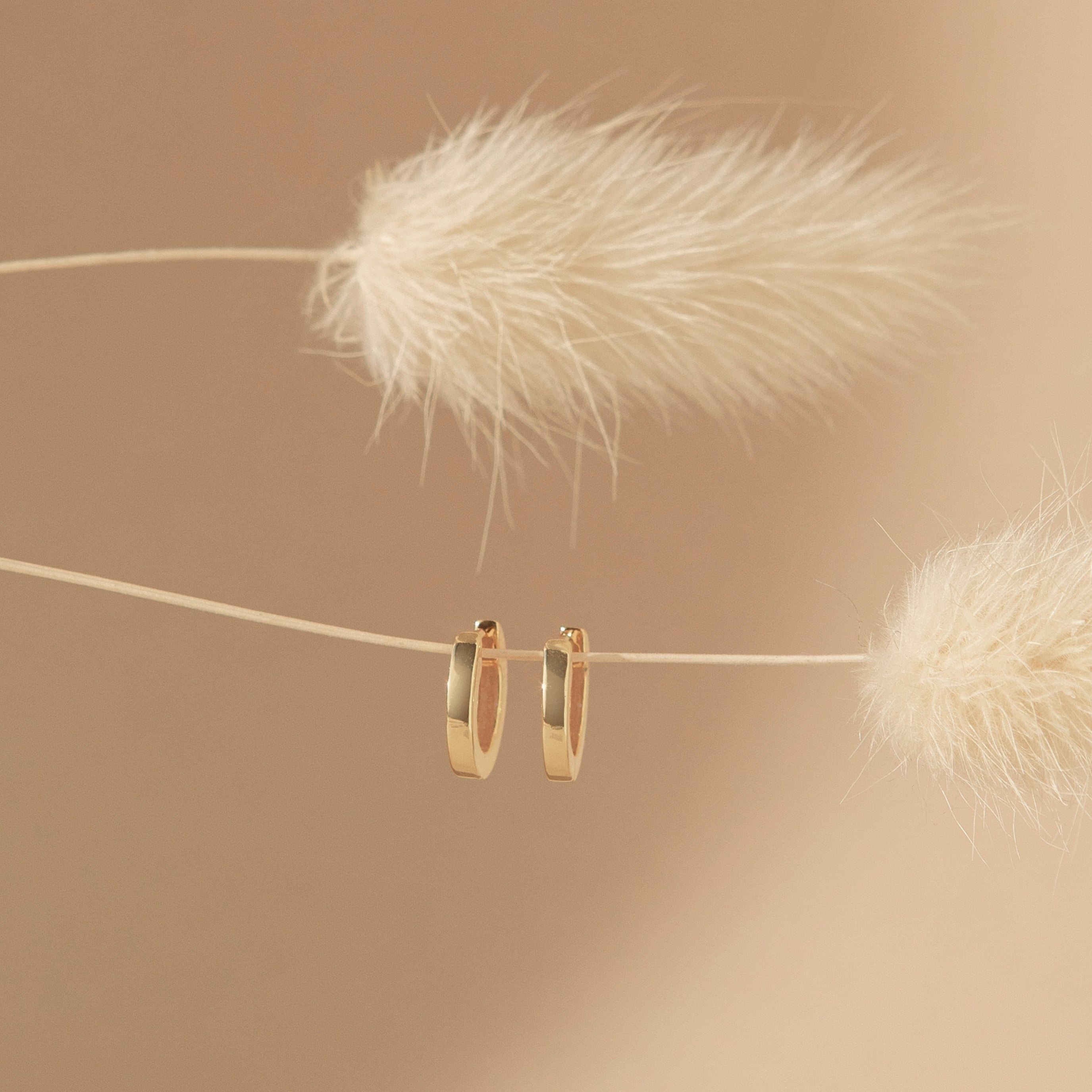 Editor Huggies in Rose Gold hang on a string between two fluffy dried plants against a beige background, highlighting their minimal aesthetic.