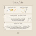 Instructional graphic on ordering a Pave Fingerprint Coin Necklace—shows how to pick finish, length, and upload your fingerprint image. Ideal for a meaningful Memorial Gift or personalized necklace.