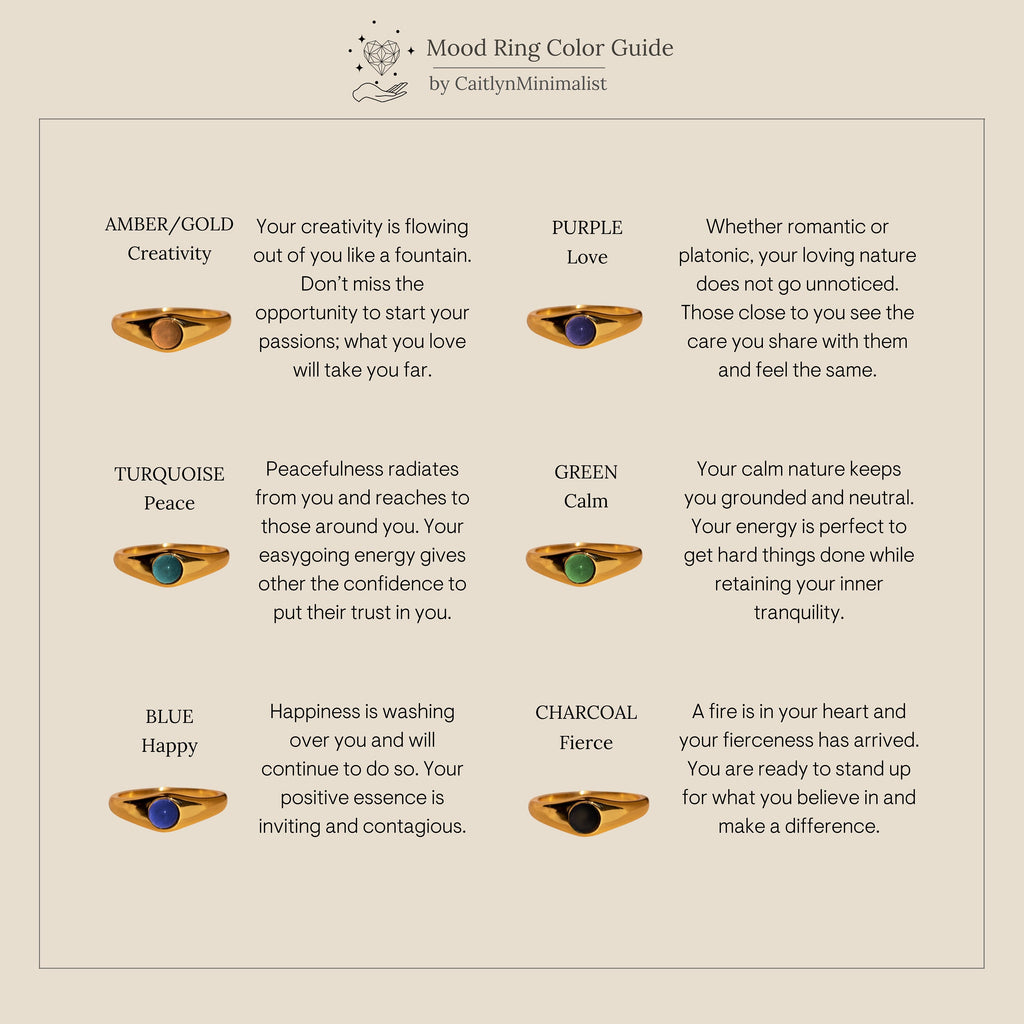 A Signet Mood Ring color guide explains the meanings of six nostalgic jewelry tones, with descriptions for each unique color-changing stone.