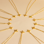 The Star Birthstone Necklace showcases gold star pendants with vibrant gemstones arranged in a circle, set against a beige background—an ideal personalized gift.