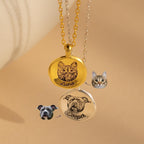Two Pet Portrait Coin Necklaces: one gold with a cat labeled Luna, one silver with a dog labeled Cooper. Ideal as custom pet necklaces or meaningful pet memorial jewelry.