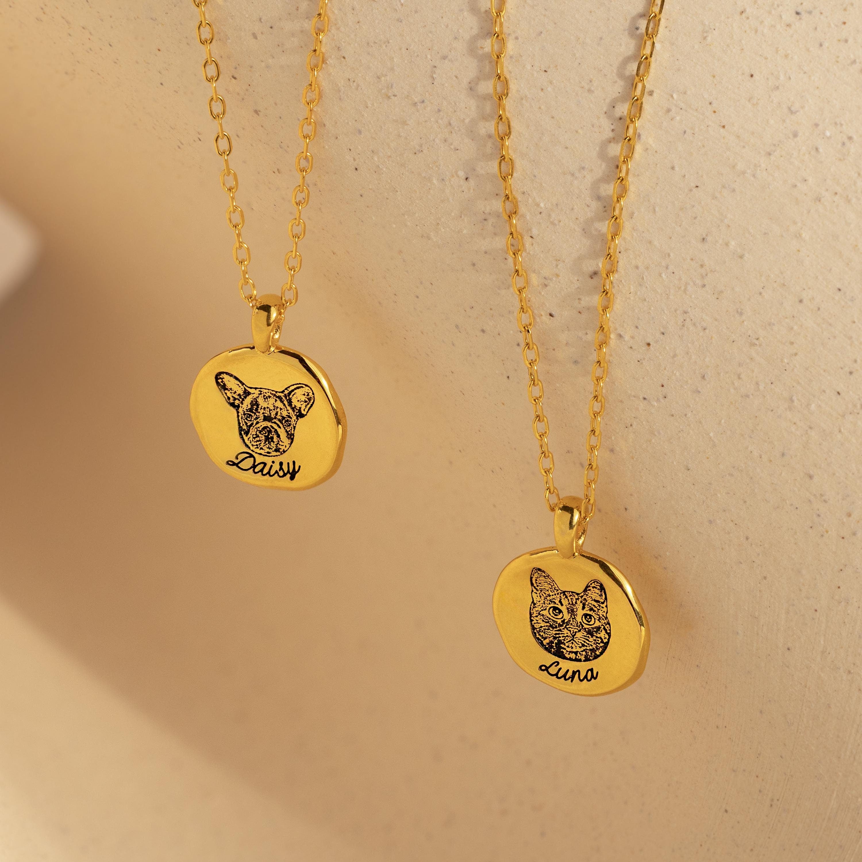Two Pet Portrait Coin Necklaces engraved with pet faces and names, Daisy and Luna, on round pendants—ideal as custom pet necklaces or heartfelt pet memorial jewelry.