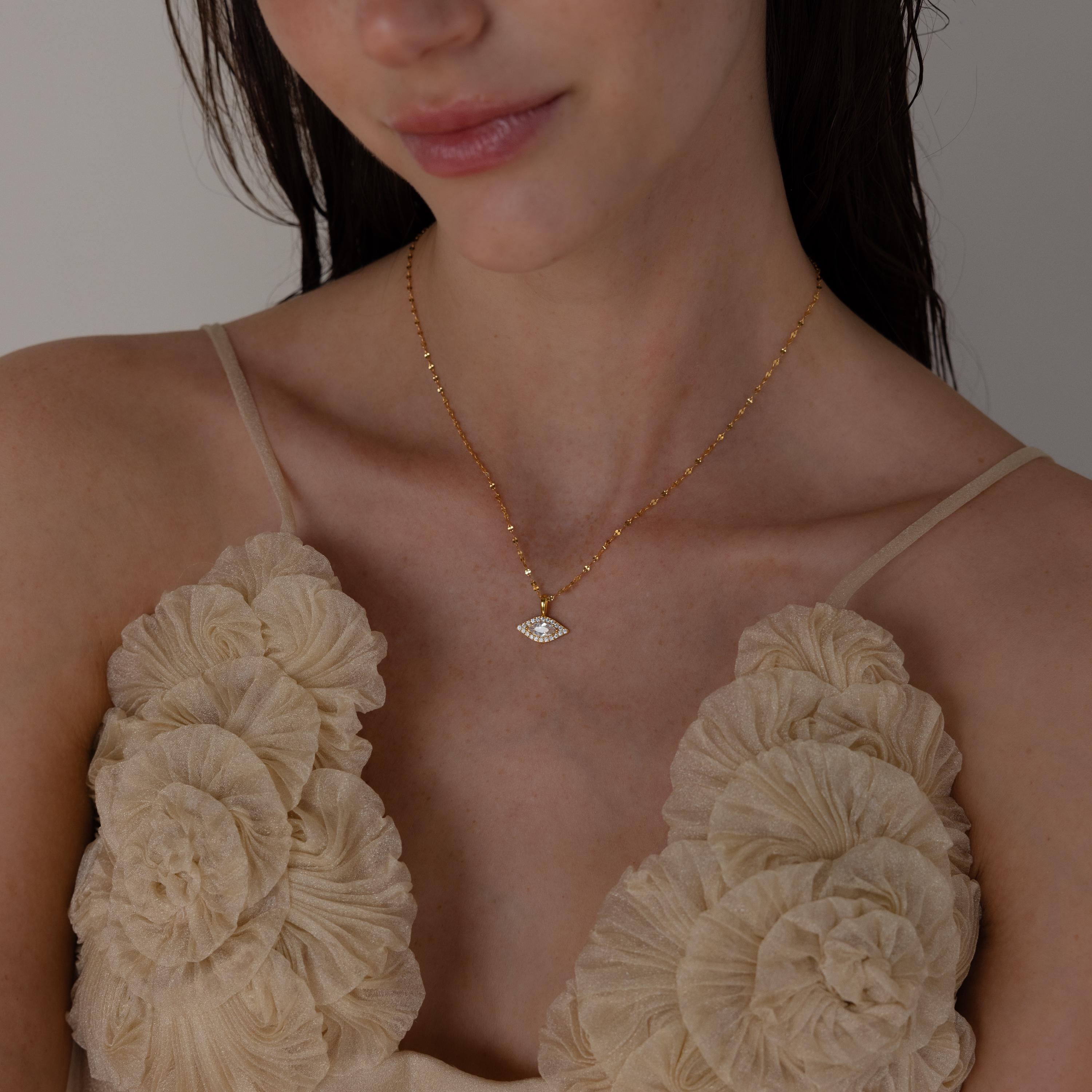 Model wears mirror chain with Pave Evil Eye Charm