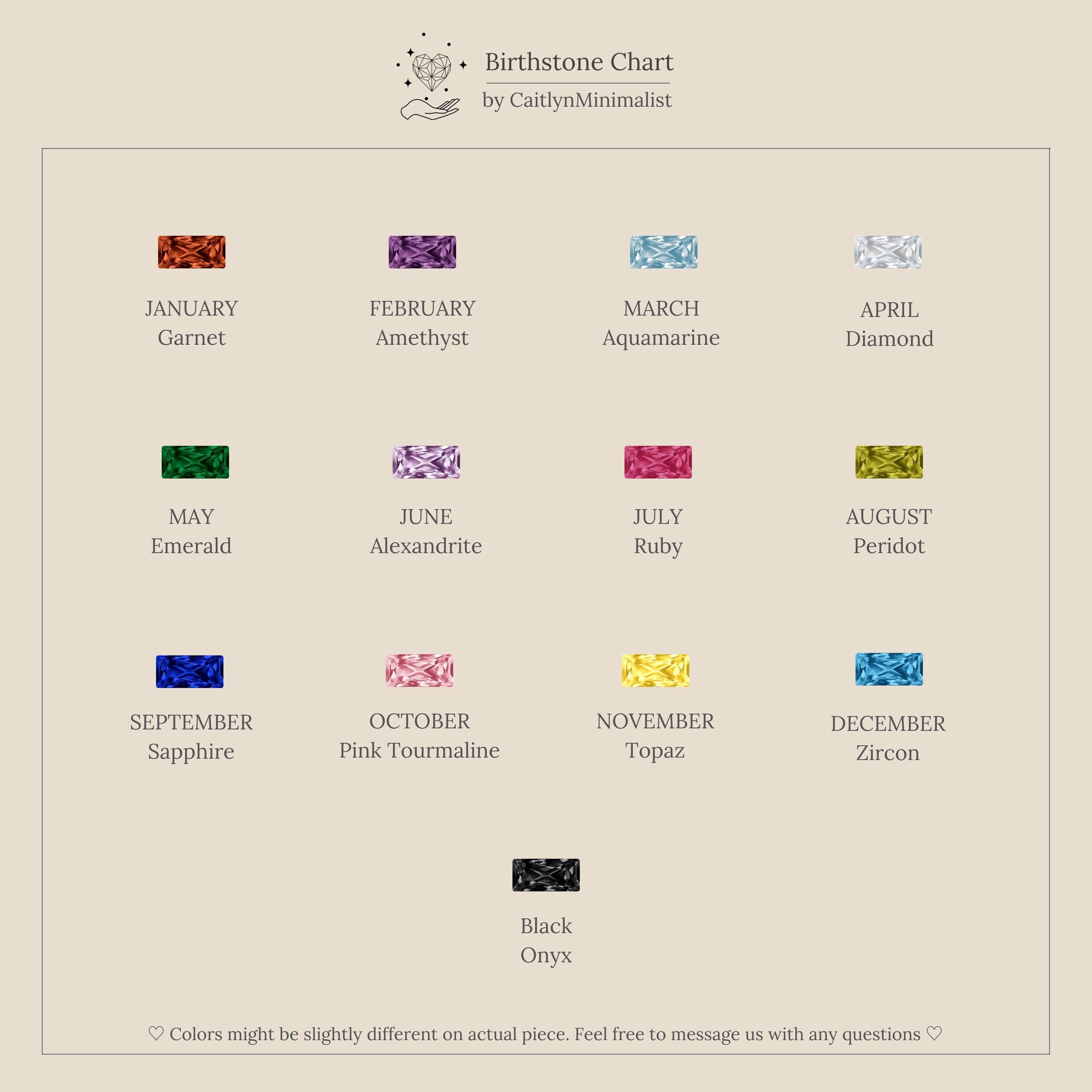 Birthstone chart with colored gems for each month plus a black onyx gem on a beige background—ideal for picking your personalized Baguette Birthstone Drop Necklace.