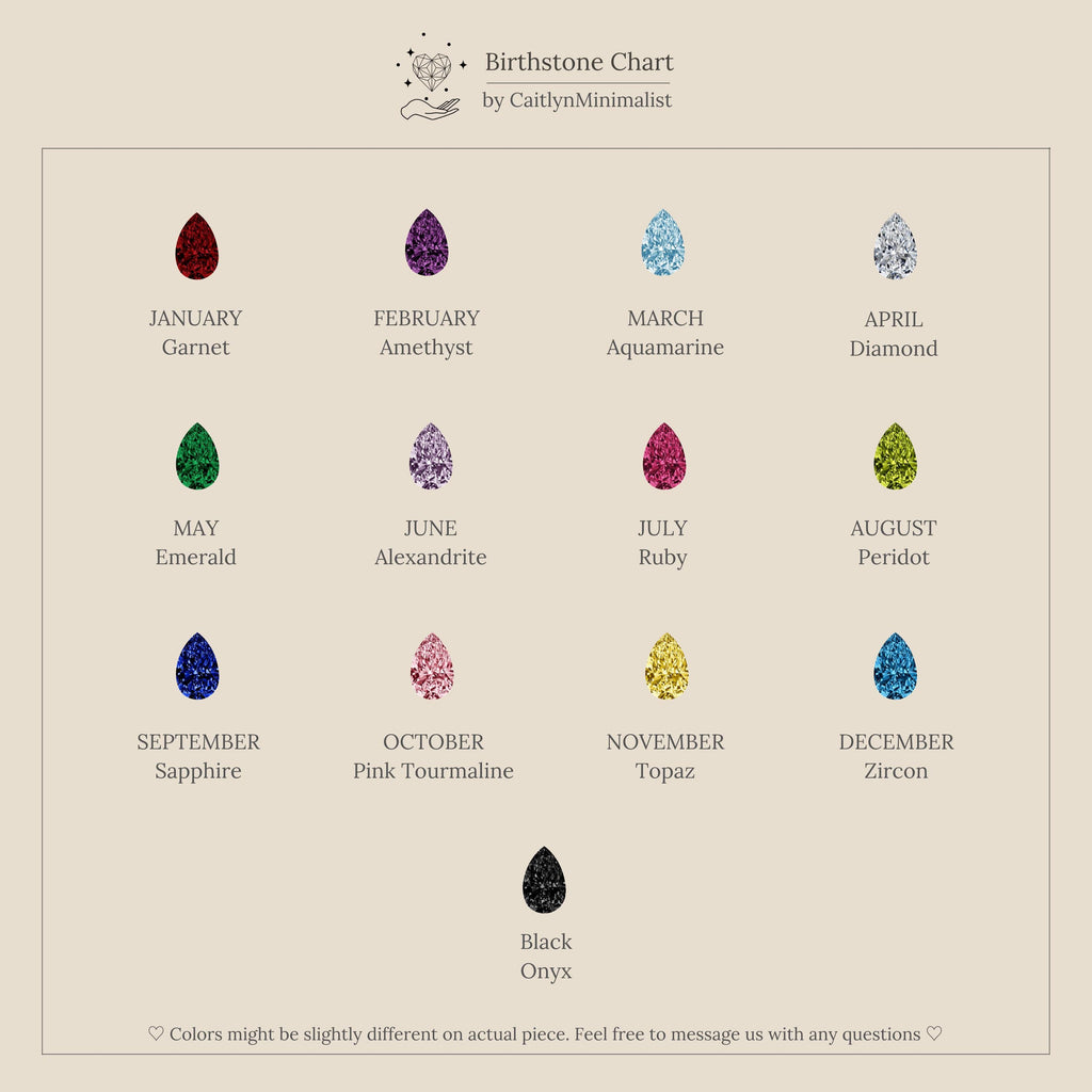 Pear-cut Birthstone Chart by Caitlyn Minimalist featuring Garnet, Amethyst, Aquamarine, Diamond, Emerald, Alexandrite, Ruby, Peridot, Sapphire, Pink Tourmaline, Yellow Topaz, Blue Zircon, Black Onyx