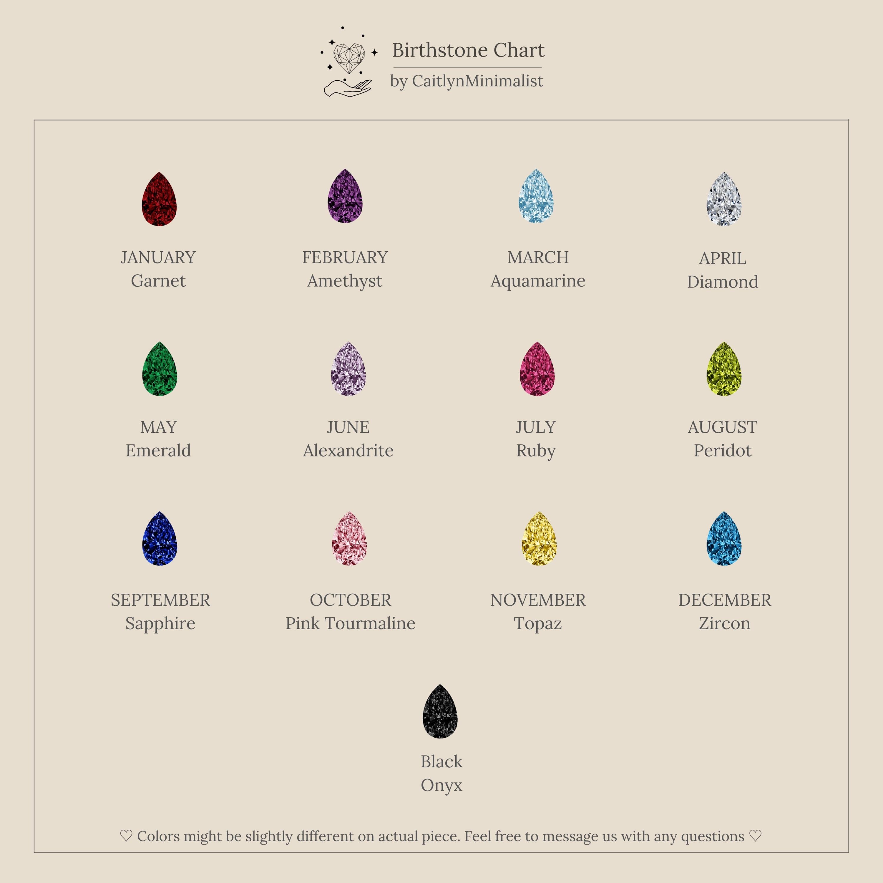 Find gemstone inspiration for your personalized Mixed Birthstone Dome Ring with this chart displaying a gem for each month, plus black onyx, set against a beige background—ideal for creating a unique customizable ring.