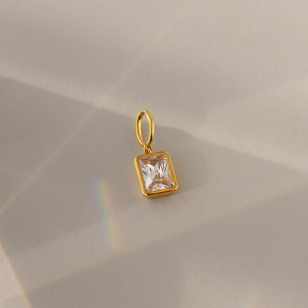 Gold Emerald Birthstone Charm with Diamond, featuring a 5x7mm rounded rectangle and jump ring