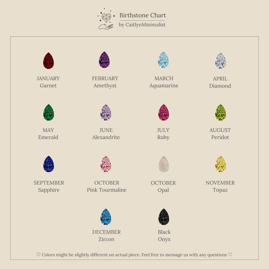 Birthstone chart displaying each month's gemstone names and colors on a beige background—perfect for selecting a stone for your Toi et Moi Teardrop Heart Ring or finding inspiration for a heart ring design.
