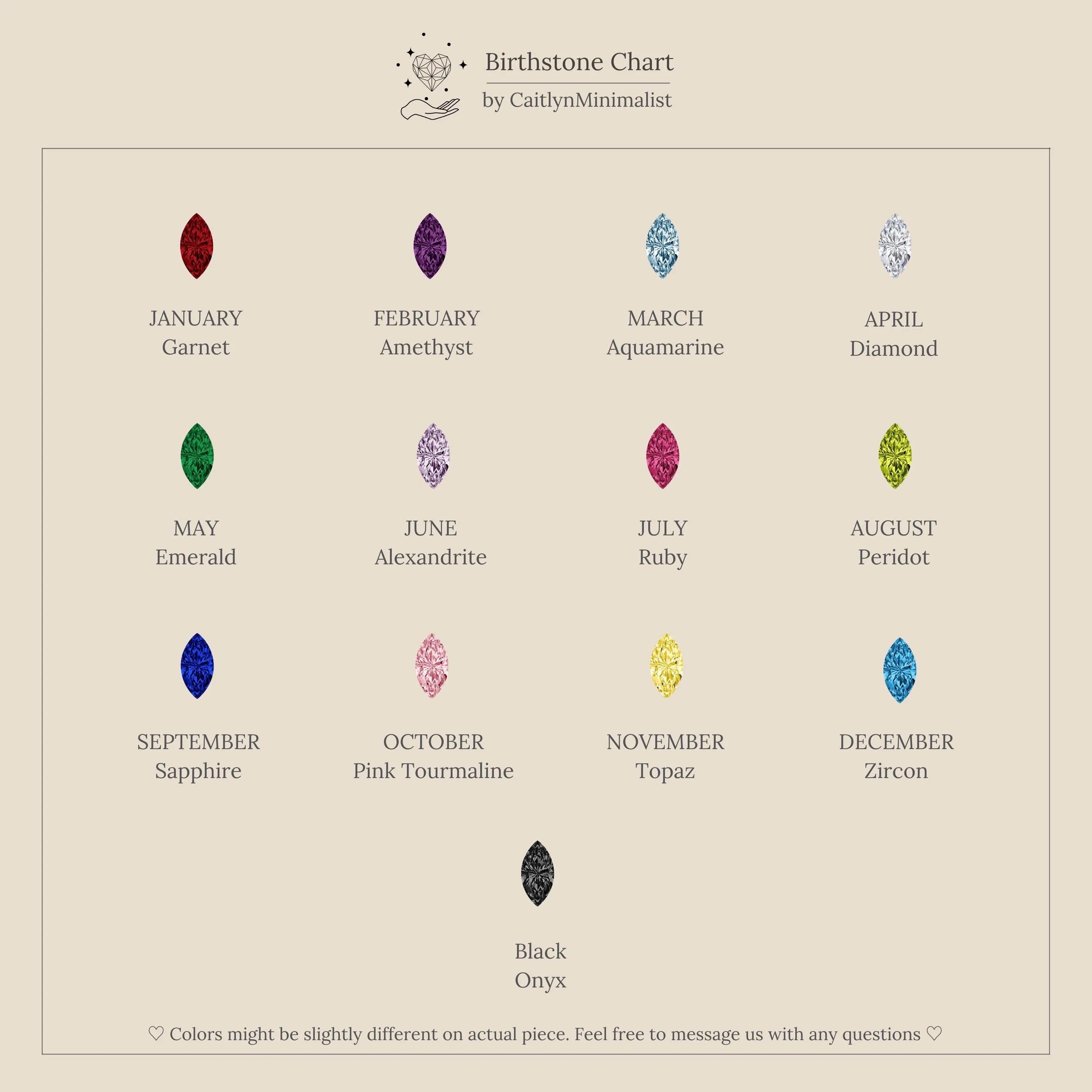 A minimalist birthstone chart with vibrant gems on beige inspires personalized jewelry, such as the Multiple Marquise Birthstone Bracelet in Rose Gold—perfect for celebrating every month’s unique stone.