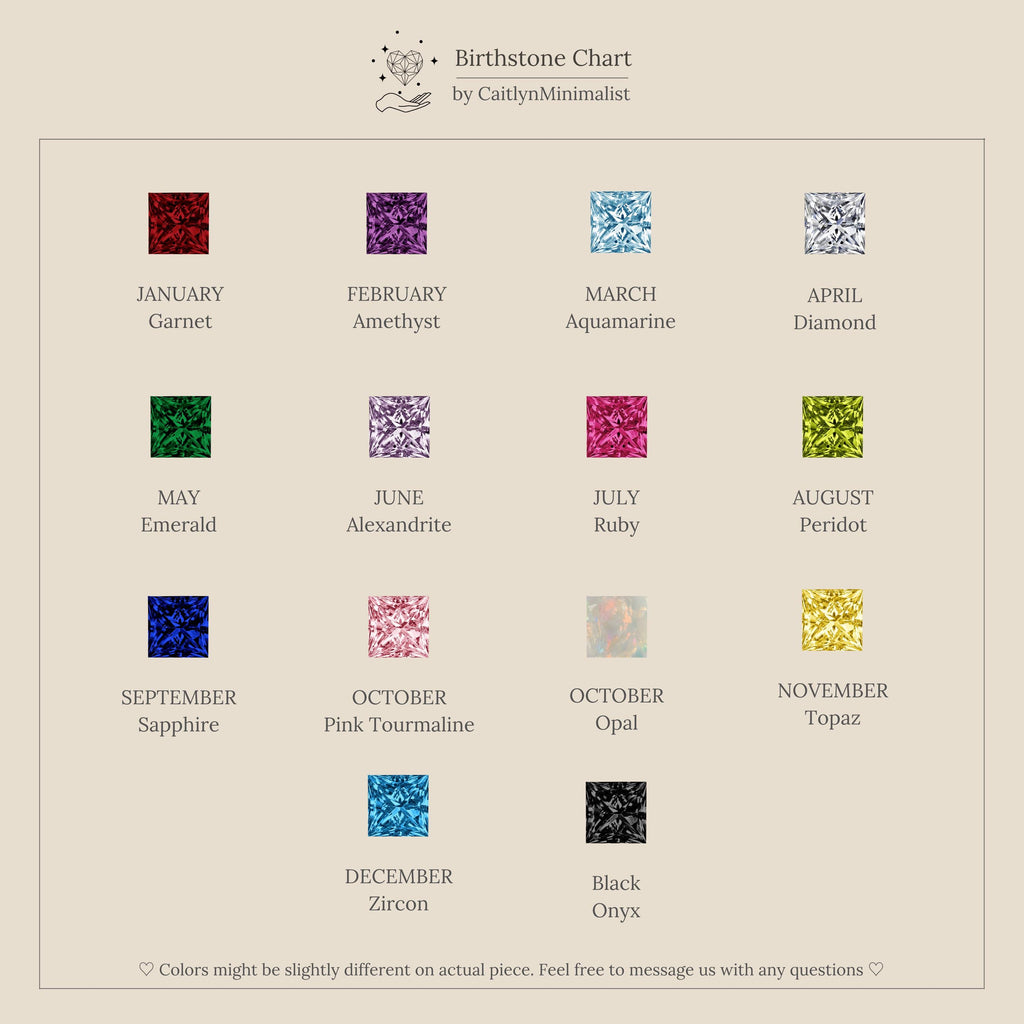 A beige birthstone chart with colored gem icons for each month, including black onyx, is perfect inspiration for a personalized Multiple Birthstone Band in Rose Gold or a thoughtful mother's gift.
