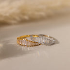 The Art Deco Diamond Earrings & Ring Set features vintage-inspired elegance with rows of rectangular-cut clear gemstones in gold and silver tones—a perfect choice for glamour.