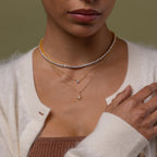Model wearing our Diamond Snowflake Necklace, styled with our Diamond Tennis Choker Necklace and Dainty Diamond Necklace