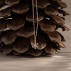 Flatlay of our Diamond Snowflake Necklace against pinecones