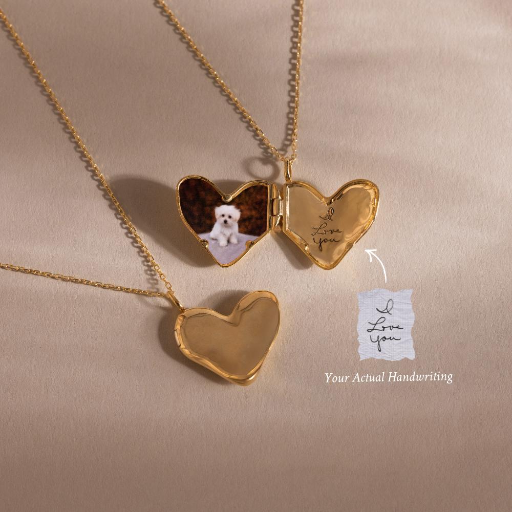 The Organic Heart Locket Necklace features a gold heart design with a dog photo and handwritten "I love you" inside—a perfect keepsake to cherish special memories.